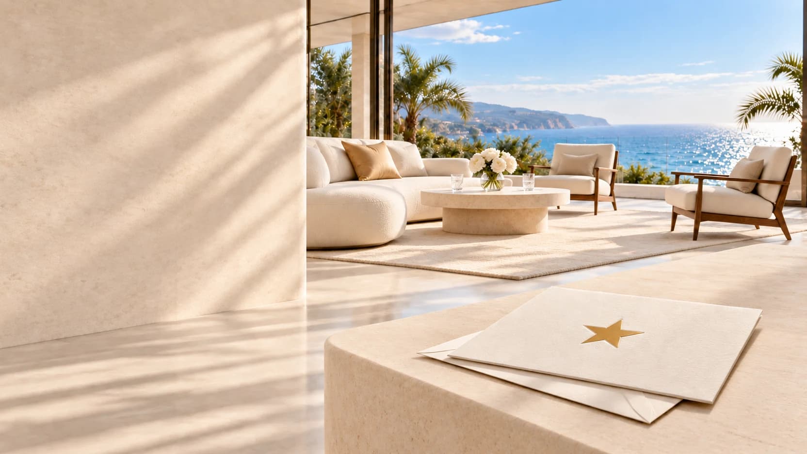 Celebrity Private brand illustration: a quiet room by the sea and a personal invitation.