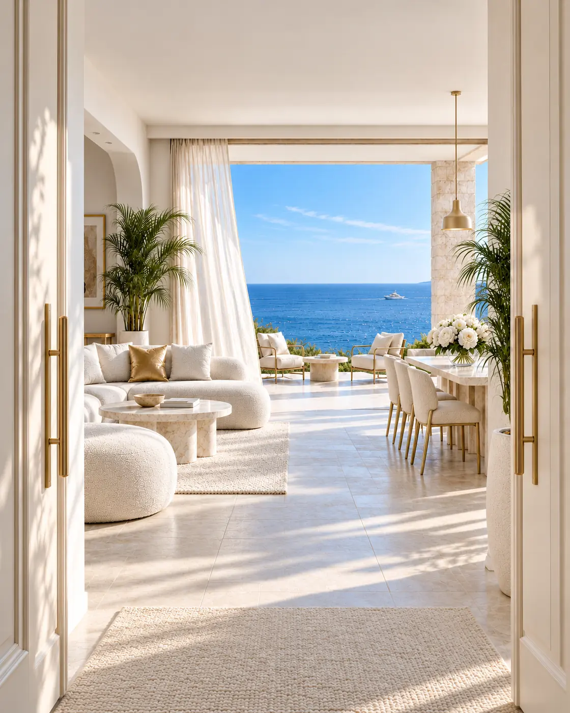Illustration of a light-filled home opening onto a terrace and the sea.
